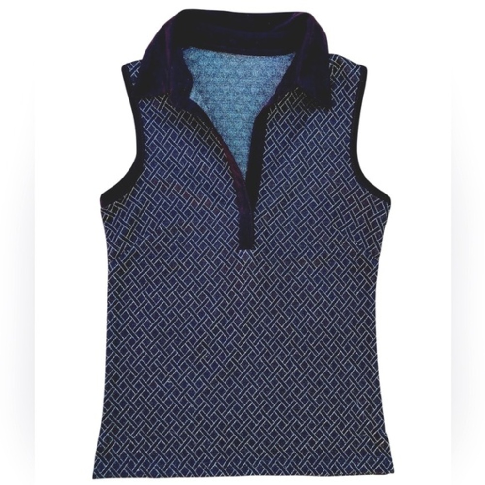 Vintage Vibe Sleeveless Tank Top Polo‎ Collar Brown Gold Diamond Pattern Small